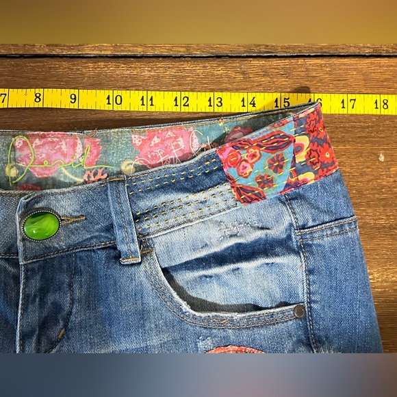Desigual Blue Embroidered & Patchwork Boho Denim Shorts - Picture 9 of 10